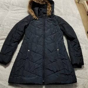 Navy blue long puffer jacket coat